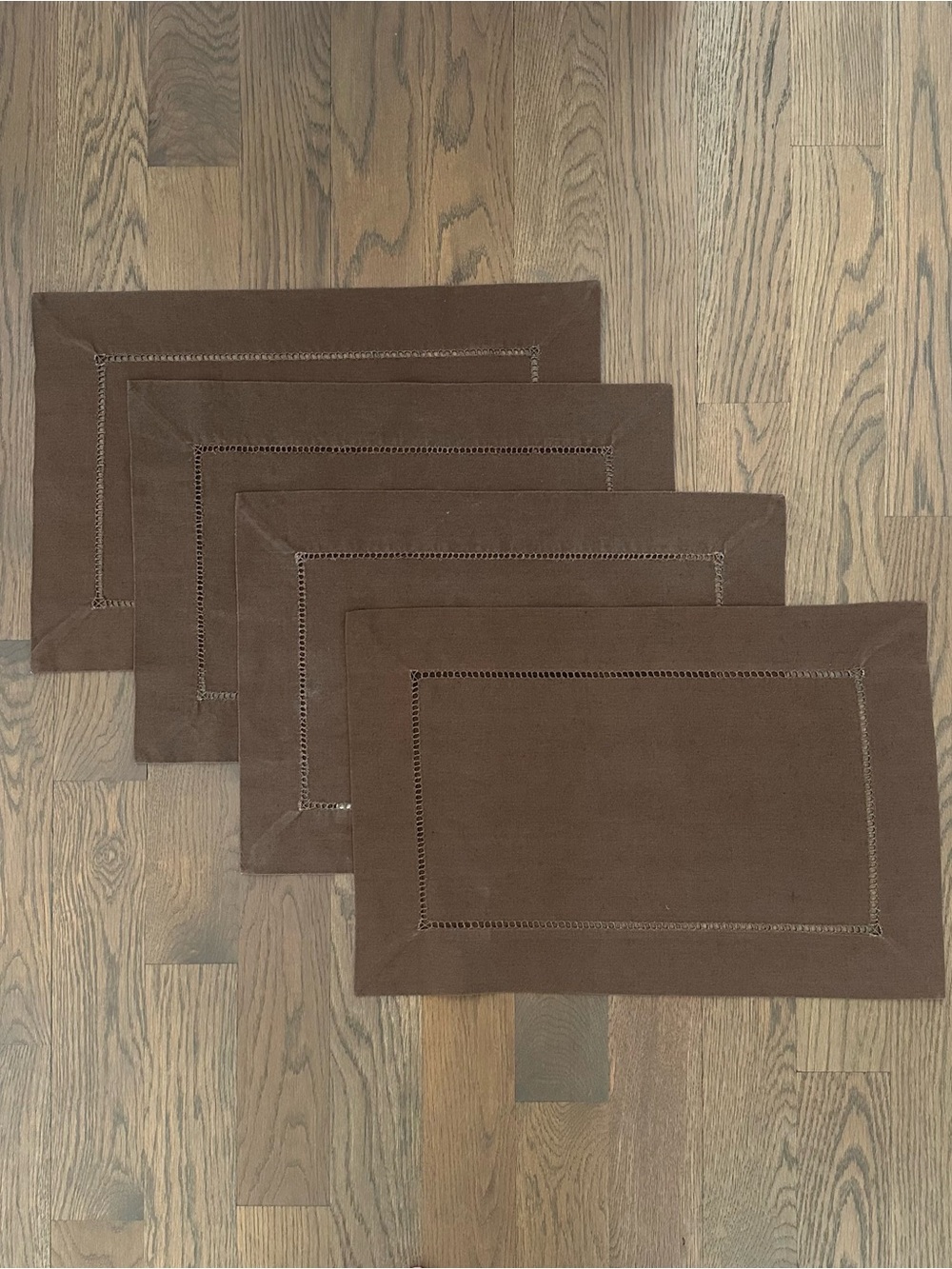 Set of 4 Vintage Rectangular Linen Blend Hemstitch Placemats in Brown 20"x14"